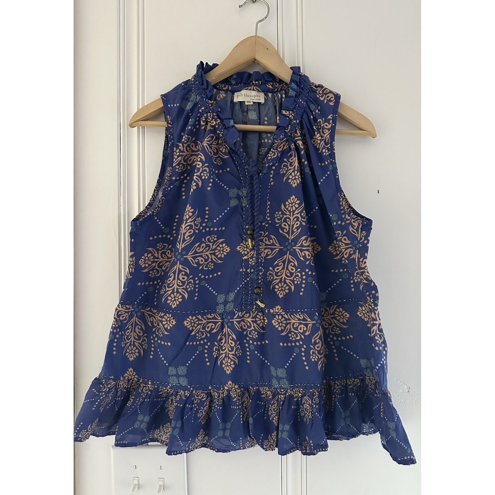 Philosophy Republic Clothing M Blue‎ Cotton Boho Ruffle Peplum Blouse Top